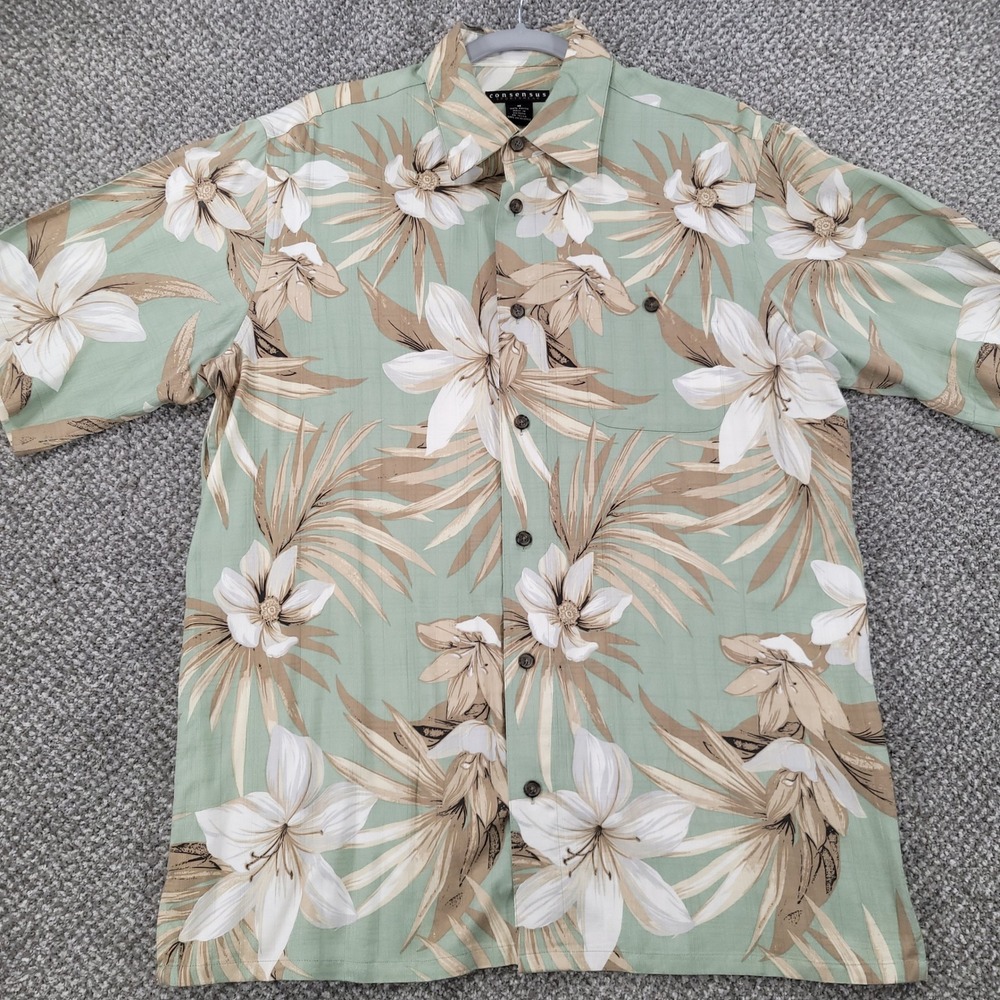Consensus Sportswear Mens Medium Rayon Floral Hawaiian Shirt Sage Green Tropical